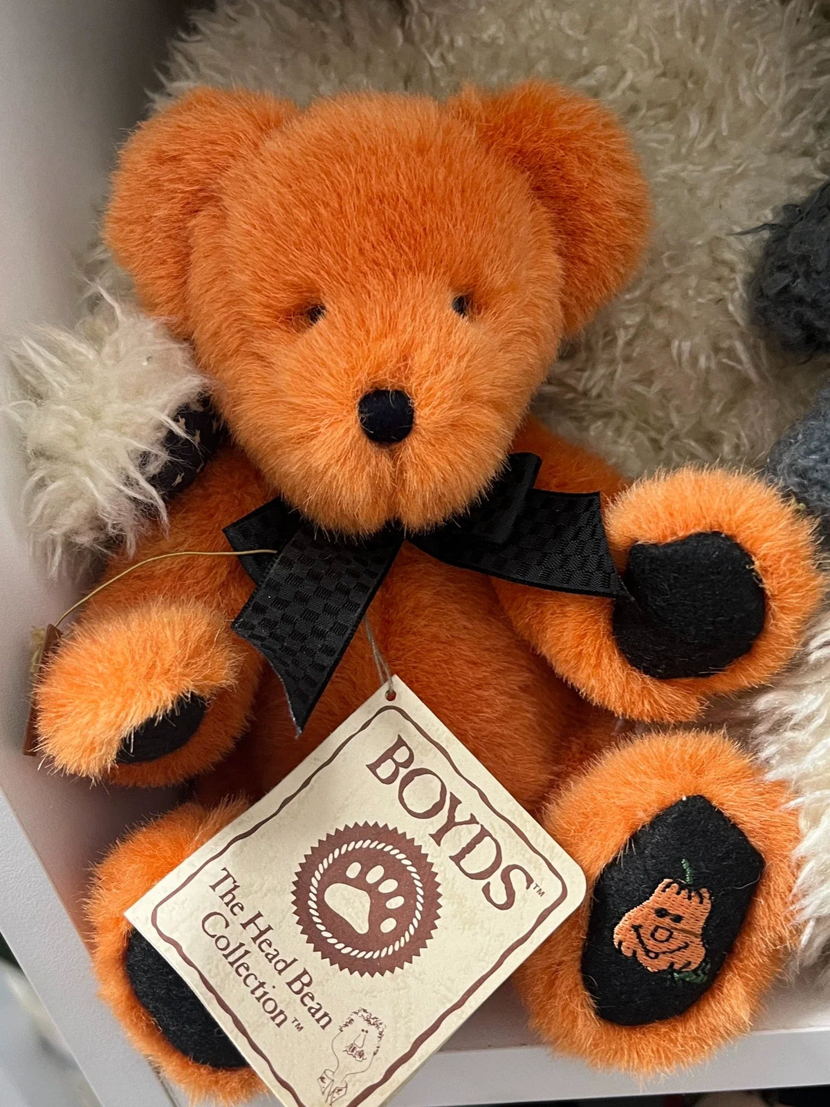 boyd Halloween bear has embroidery on the soles of its feet and logo