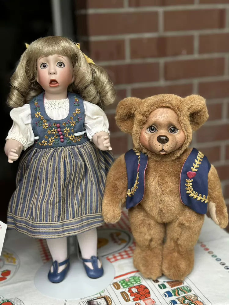 040926-doll-292 Antique Porcelain Doll Full Porcelain 5 Joints Blonde Girl and Bear Limited Edition Original Box