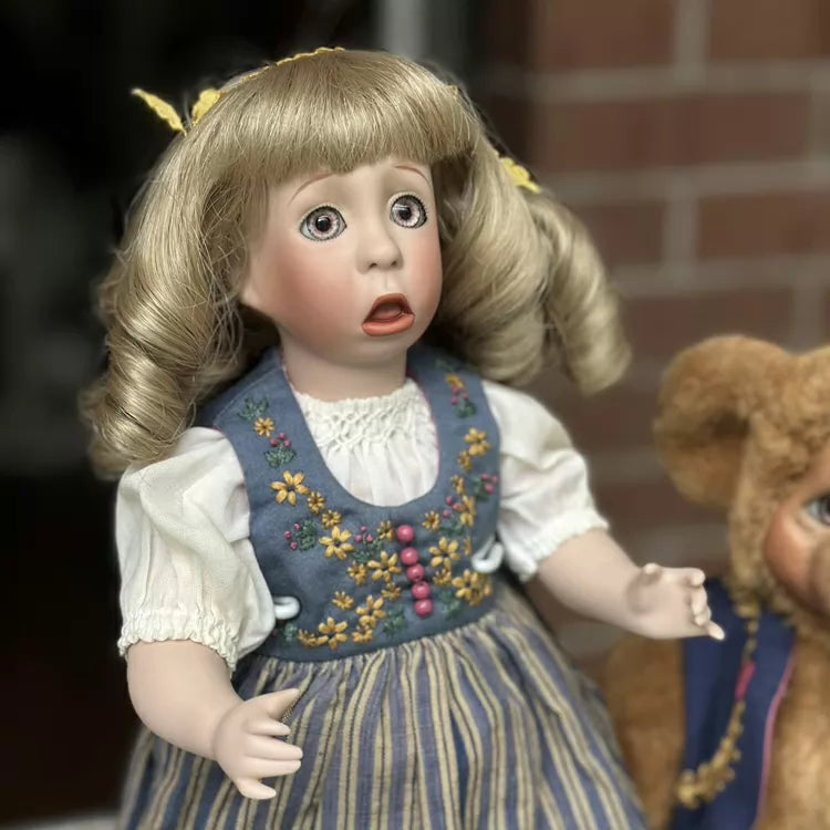 040926-doll-292 Antique Porcelain Doll Full Porcelain 5 Joints Blonde Girl and Bear Limited Edition Original Box