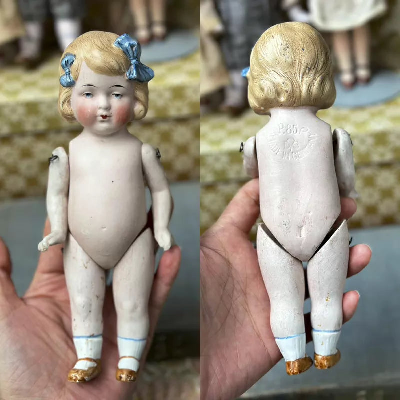 040926-doll-50 Limbach Double Bow Girl Antique German Full Porcelain Articulated Body Pocket Treasure Puppet
