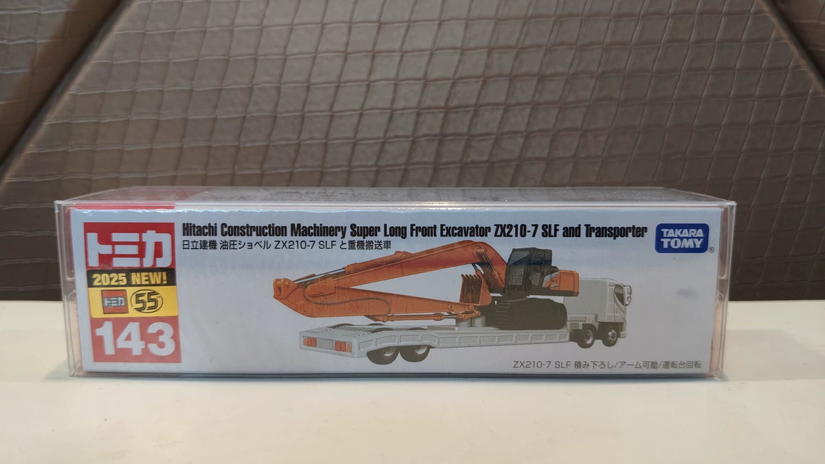 150926-toy-24 Tomica Long Box Long Car New Car Sticker No. 143 Hitachi Construction Machinery Heavy Lift Truck Hitachi Construction Machinery Super Long Front Excavator ZX210-7 SLF and Transporter