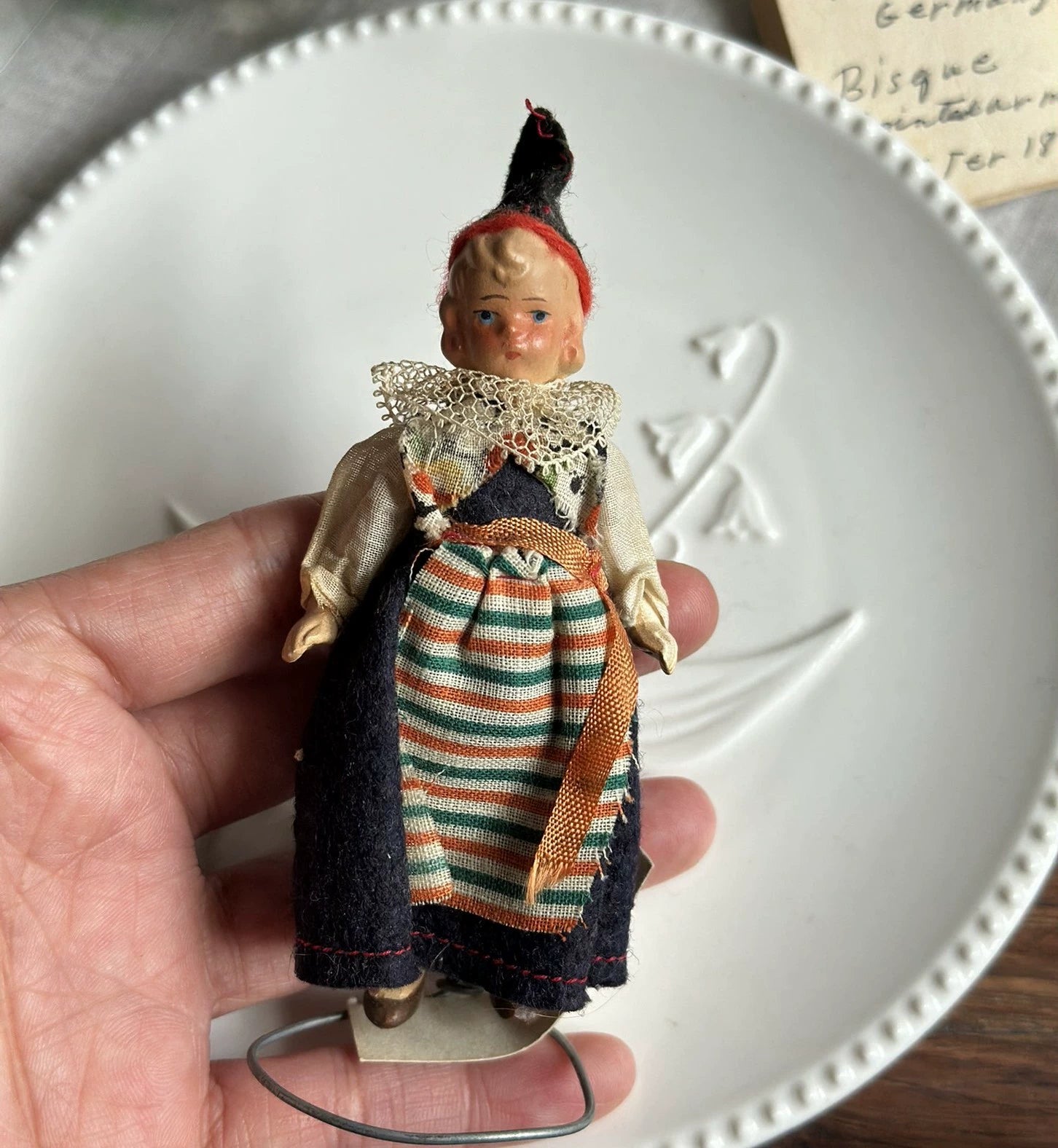 040926-doll-232 Antique German Full Porcelain Palm Medium Treasure Joint Body Dollhouse Cloth Puppet
