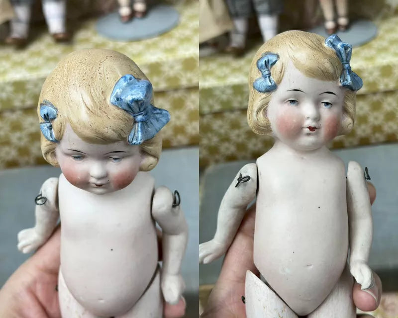 040926-doll-50 Limbach Double Bow Girl Antique German Full Porcelain Articulated Body Pocket Treasure Puppet