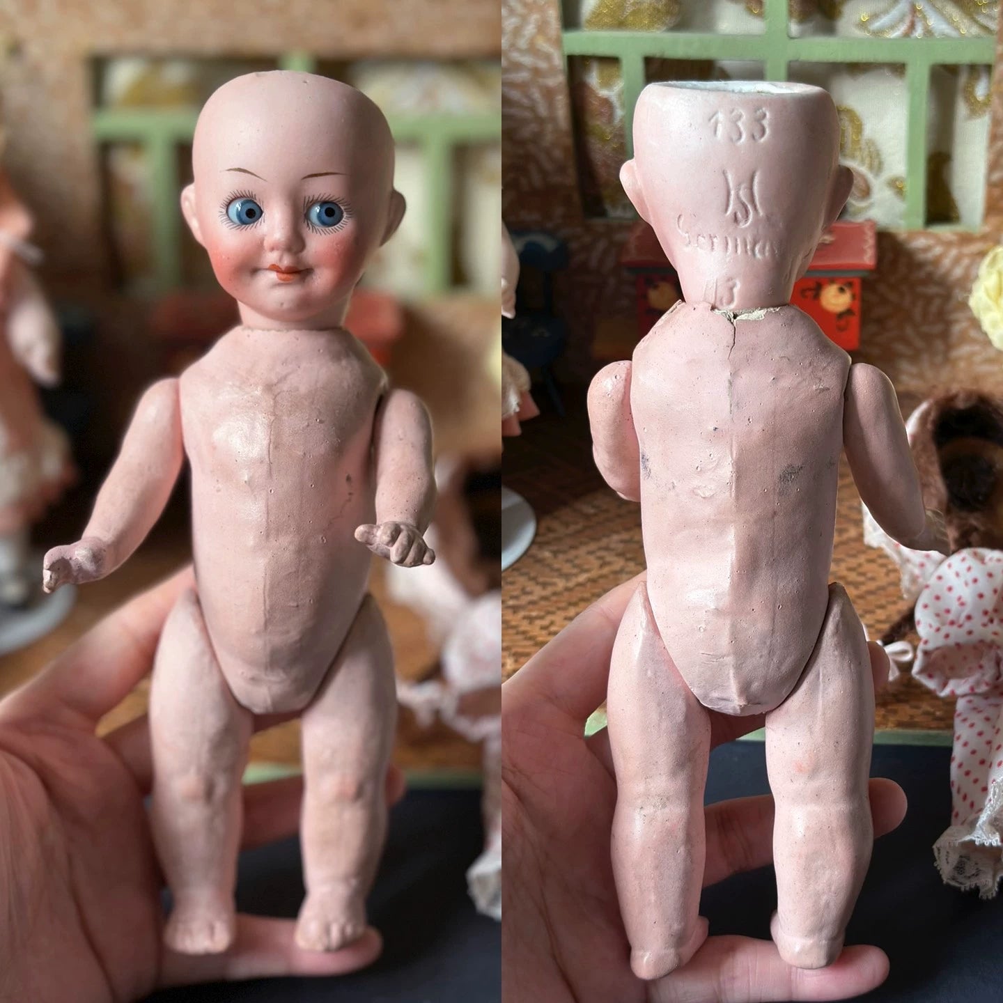 040926-doll-94 Antique Doll Small Oblique 133 German Soup Porcelain Head Five Joints Body Dollhouse Cloth Puppet Doll