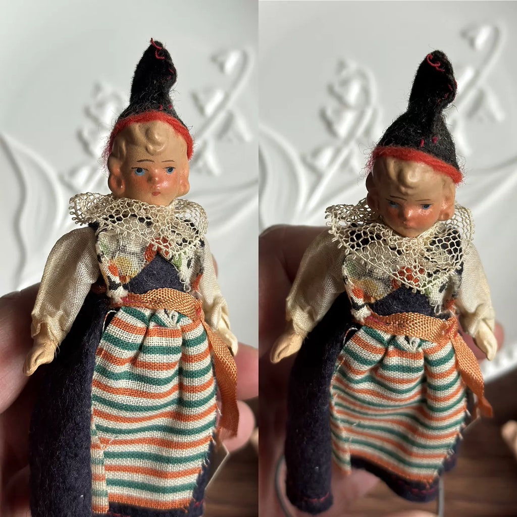 040926-doll-232 Antique German Full Porcelain Palm Medium Treasure Joint Body Dollhouse Cloth Puppet