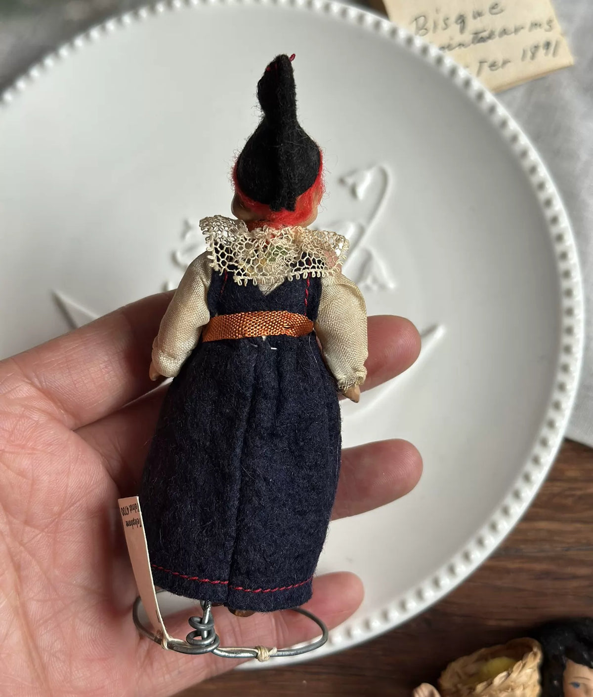 040926-doll-232 Antique German Full Porcelain Palm Medium Treasure Joint Body Dollhouse Cloth Puppet