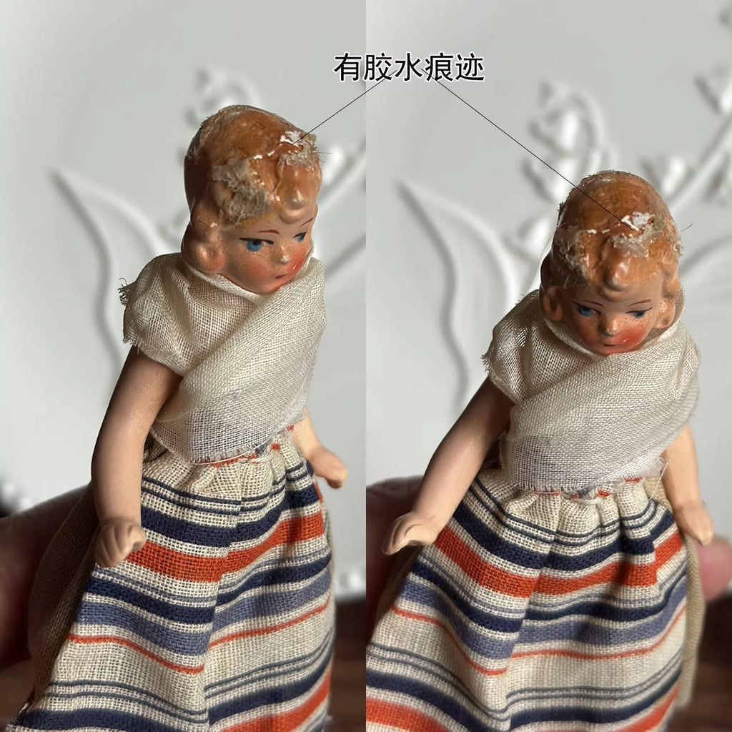 040926-doll-232 Antique German Full Porcelain Palm Medium Treasure Joint Body Dollhouse Cloth Puppet