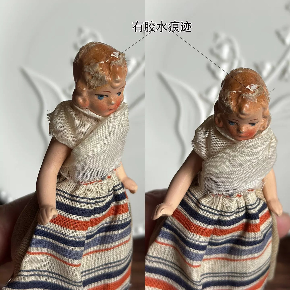 040926-doll-232 Antique German Full Porcelain Palm Medium Treasure Joint Body Dollhouse Cloth Puppet