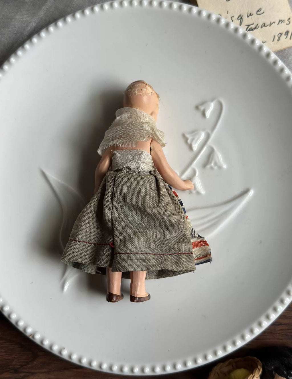 040926-doll-232 Antique German Full Porcelain Palm Medium Treasure Joint Body Dollhouse Cloth Puppet