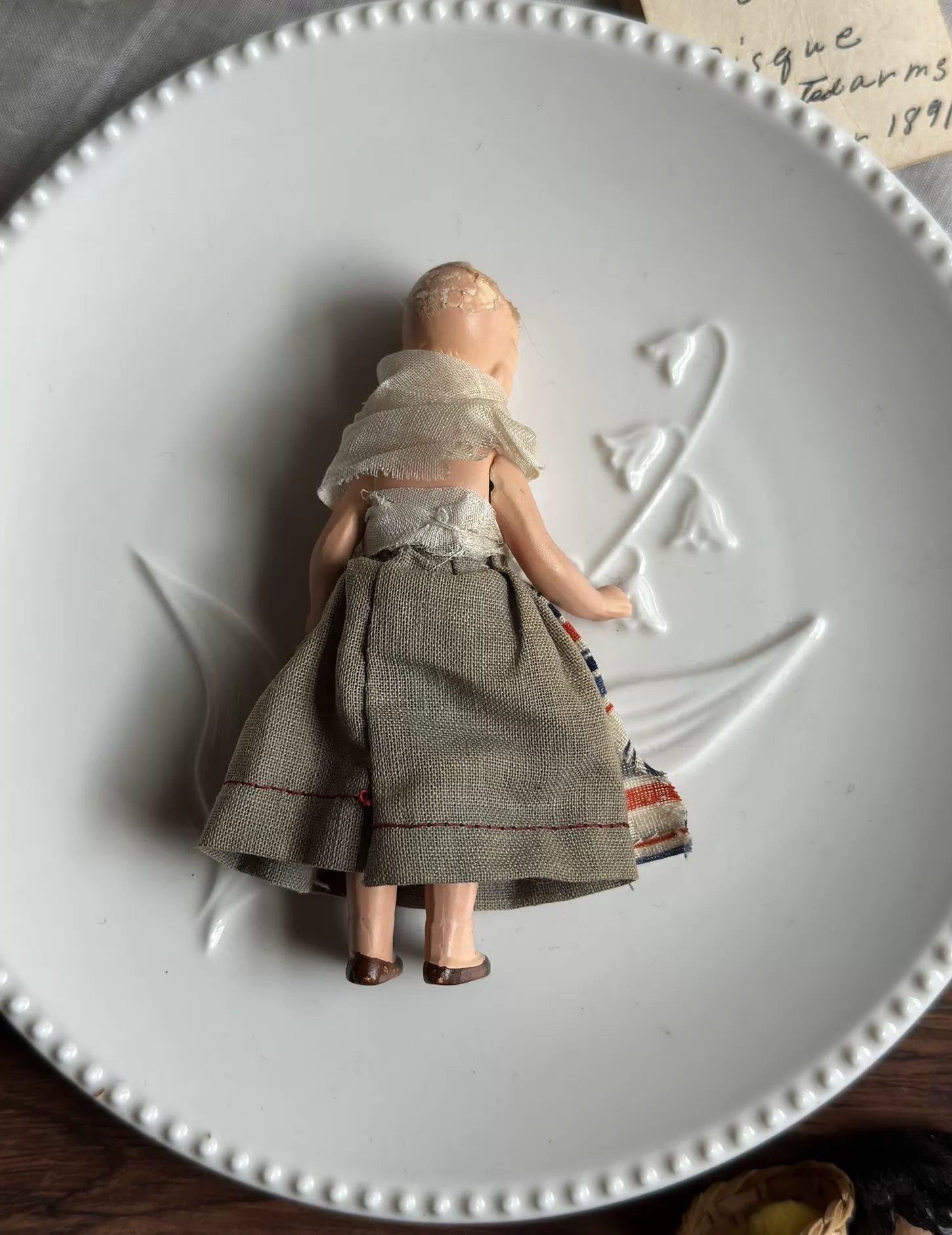 040926-doll-232 Antique German Full Porcelain Palm Medium Treasure Joint Body Dollhouse Cloth Puppet