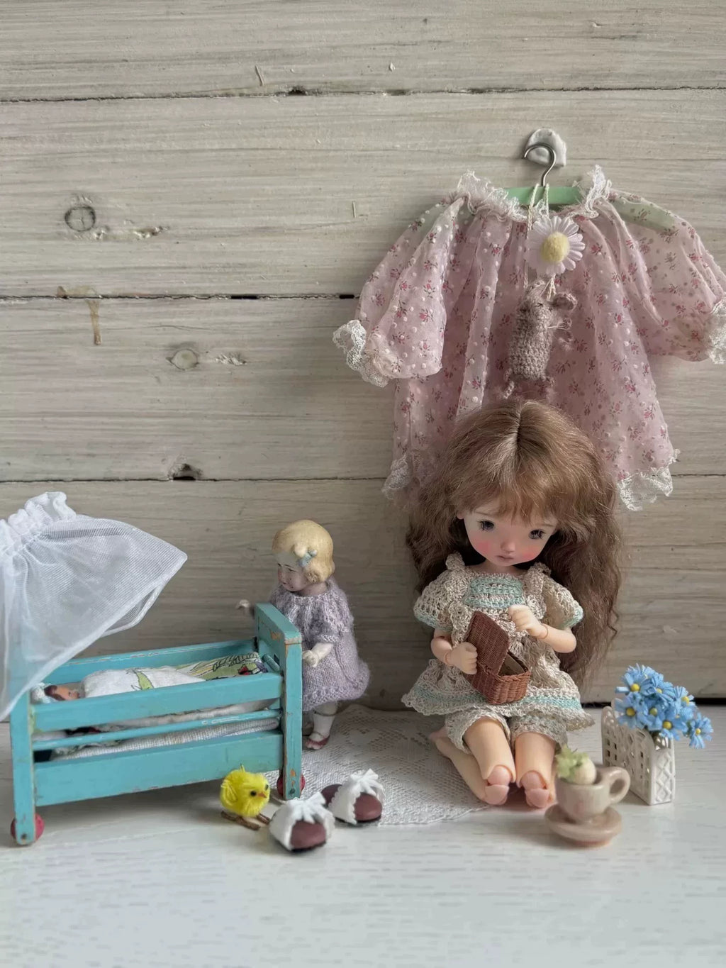 021026-toy-27 Blythe German antique doll house accessories size mini push bed 10.5x7.5x6.5
