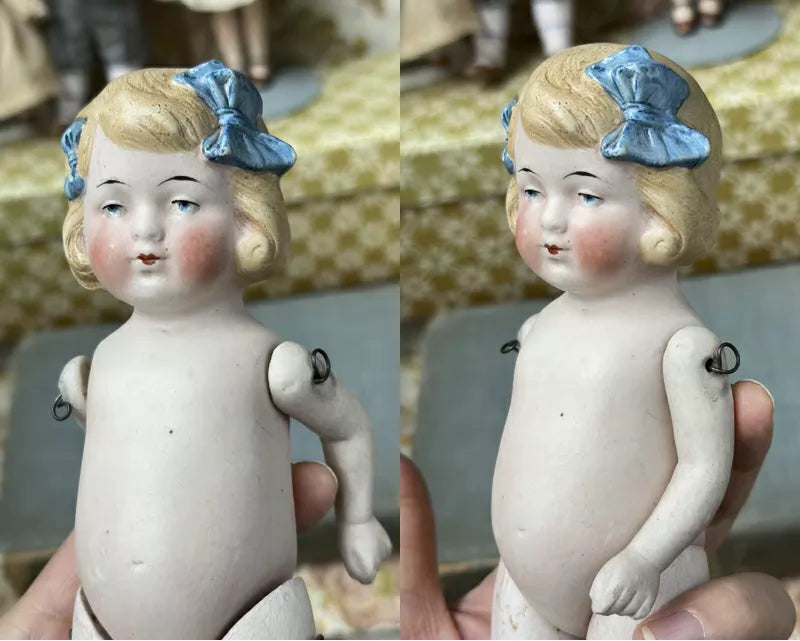 040926-doll-50 Limbach Double Bow Girl Antique German Full Porcelain Articulated Body Pocket Treasure Puppet