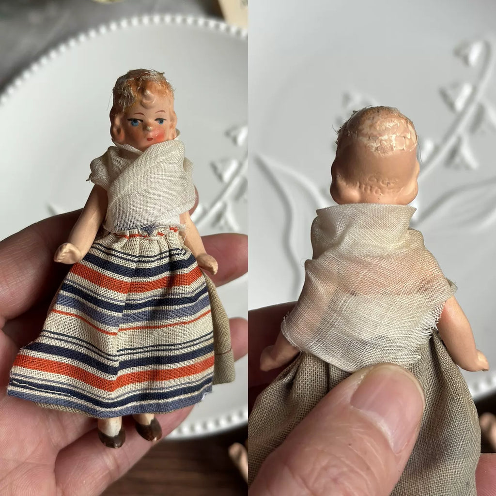 040926-doll-232 Antique German Full Porcelain Palm Medium Treasure Joint Body Dollhouse Cloth Puppet