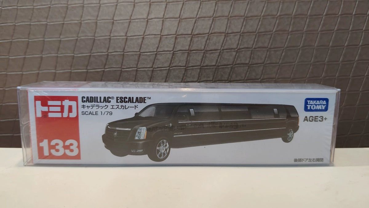 150926-toy-71 Domica Tomica Red and White Box Long Length Box No. 133 Cadillac Escalade Extra Long Cadillac Escalade