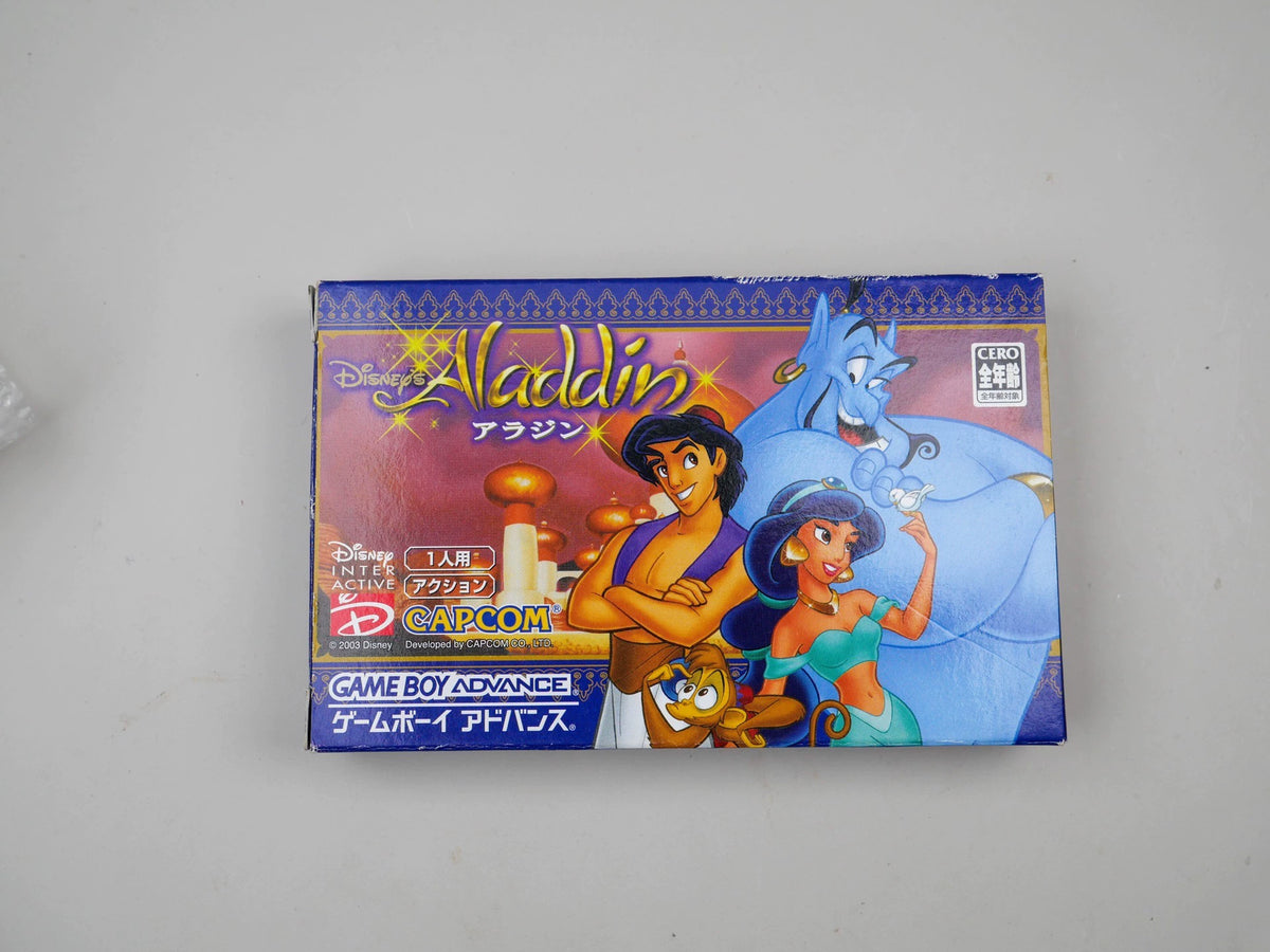 120926-toy-49 GBA game, magic lamp Aladdin, original genuine cassette, rare card, color as shown in the picture, box full, medieval fine, a little damage to the box, chip memory, normal function, transparent protective box included.