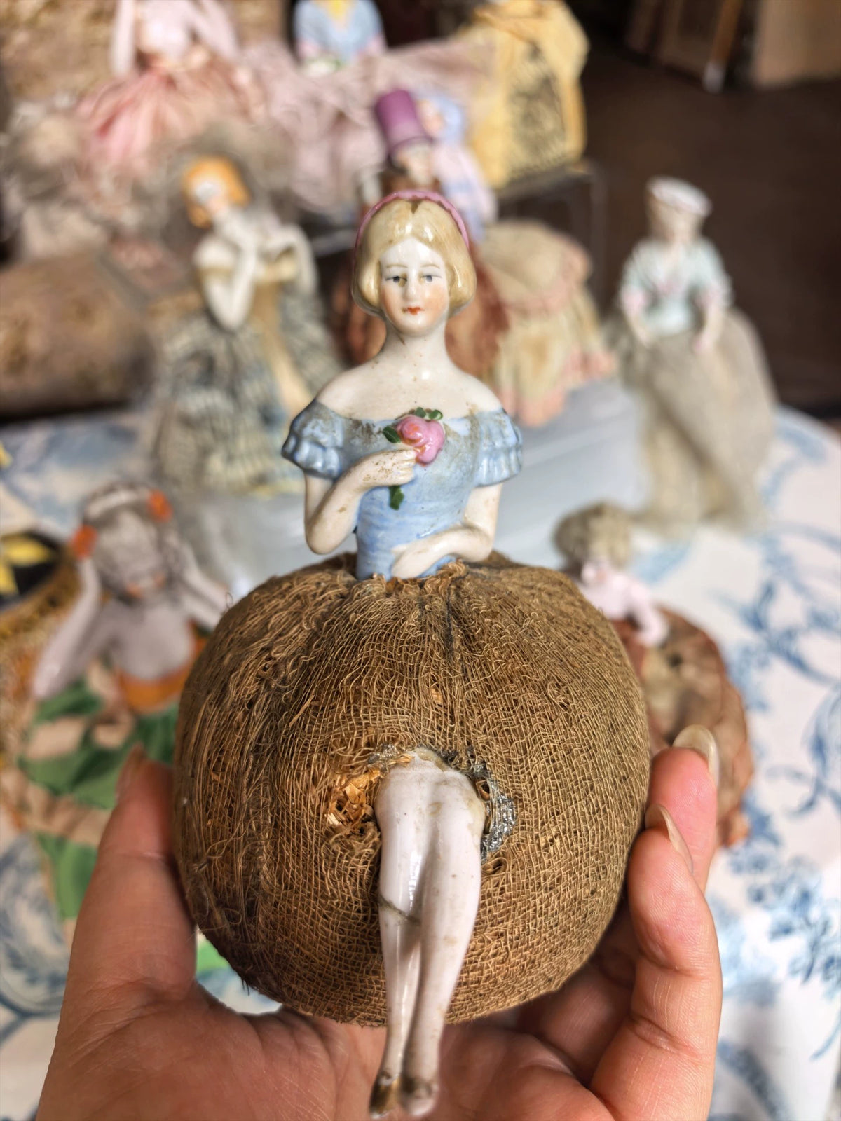 031026-toy-5 German antique half-length porcelain doll with pin insert and storage