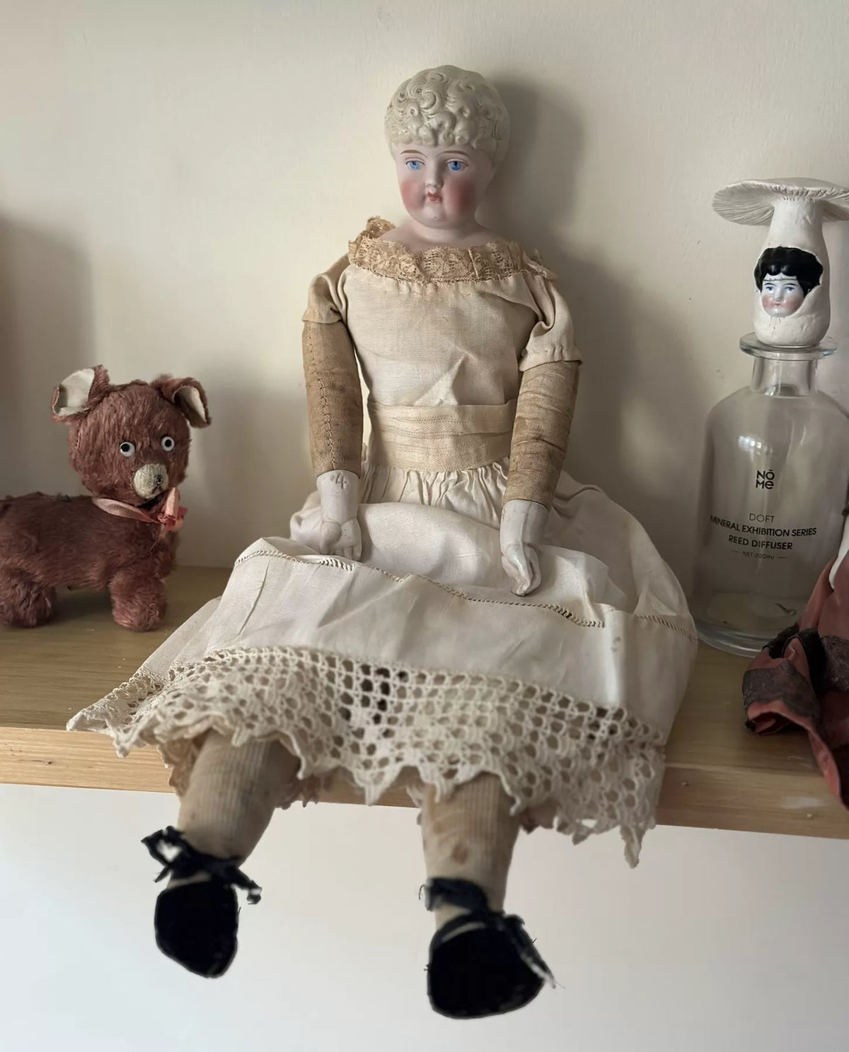 040926-doll-92 antique german porcelain head doll china doll blue nightcap parian blonde doll