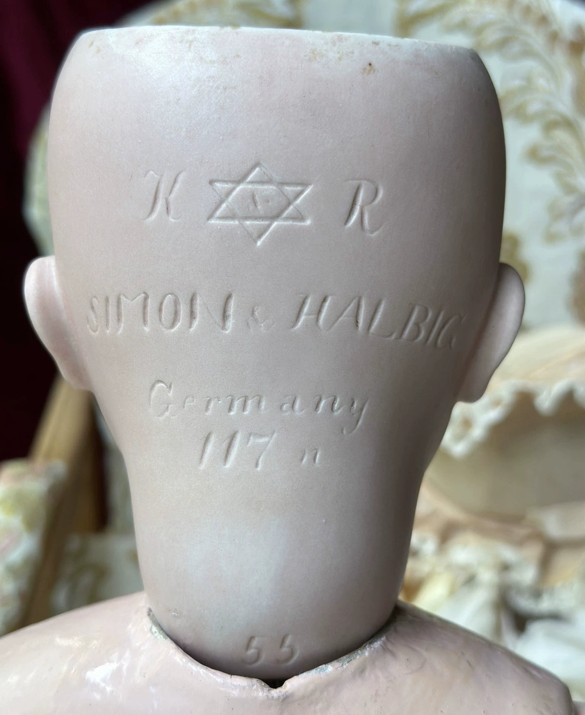 040926-doll-284 Antique doll KR117n German thick soup porcelain head small cross-eye joint body doll with flaws