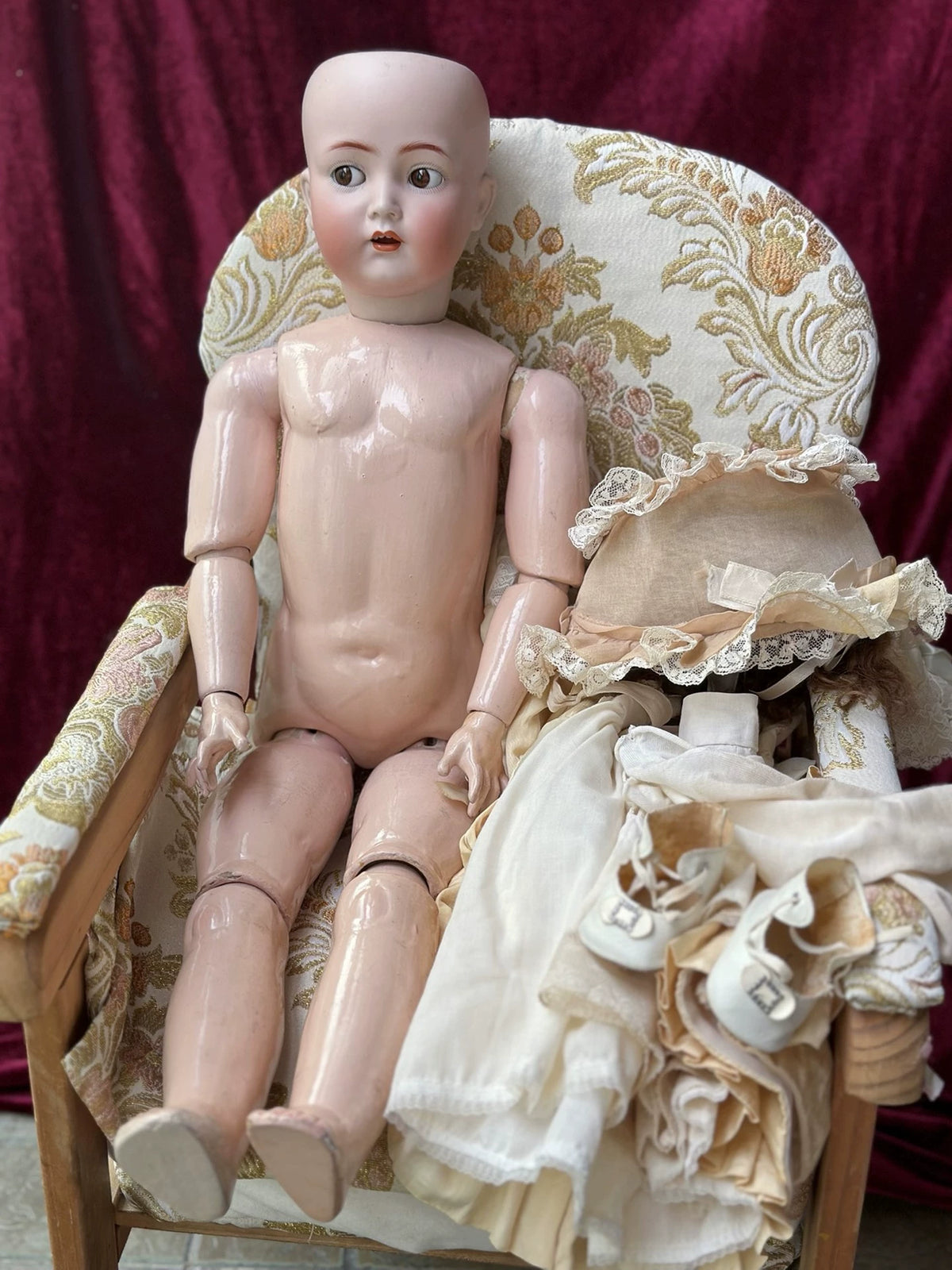 040926-doll-284 Antique doll KR117n German thick soup porcelain head small cross-eye joint body doll with flaws
