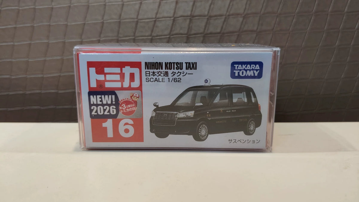 150926-toy-11 Tomica red and white box new car sticker No. 16 Japanese transportation taxi Nihon Kotsu taxi