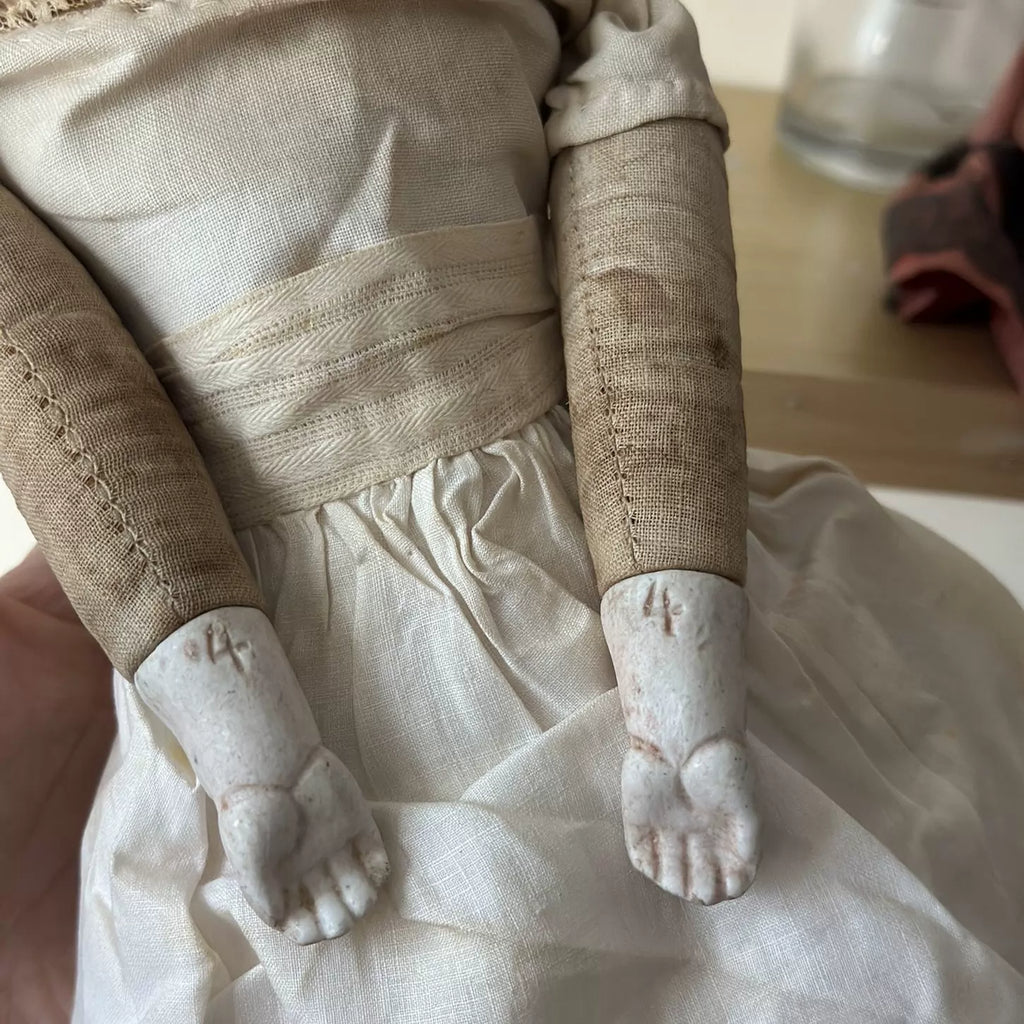 040926-doll-92 antique german porcelain head doll china doll blue nightcap parian blonde doll
